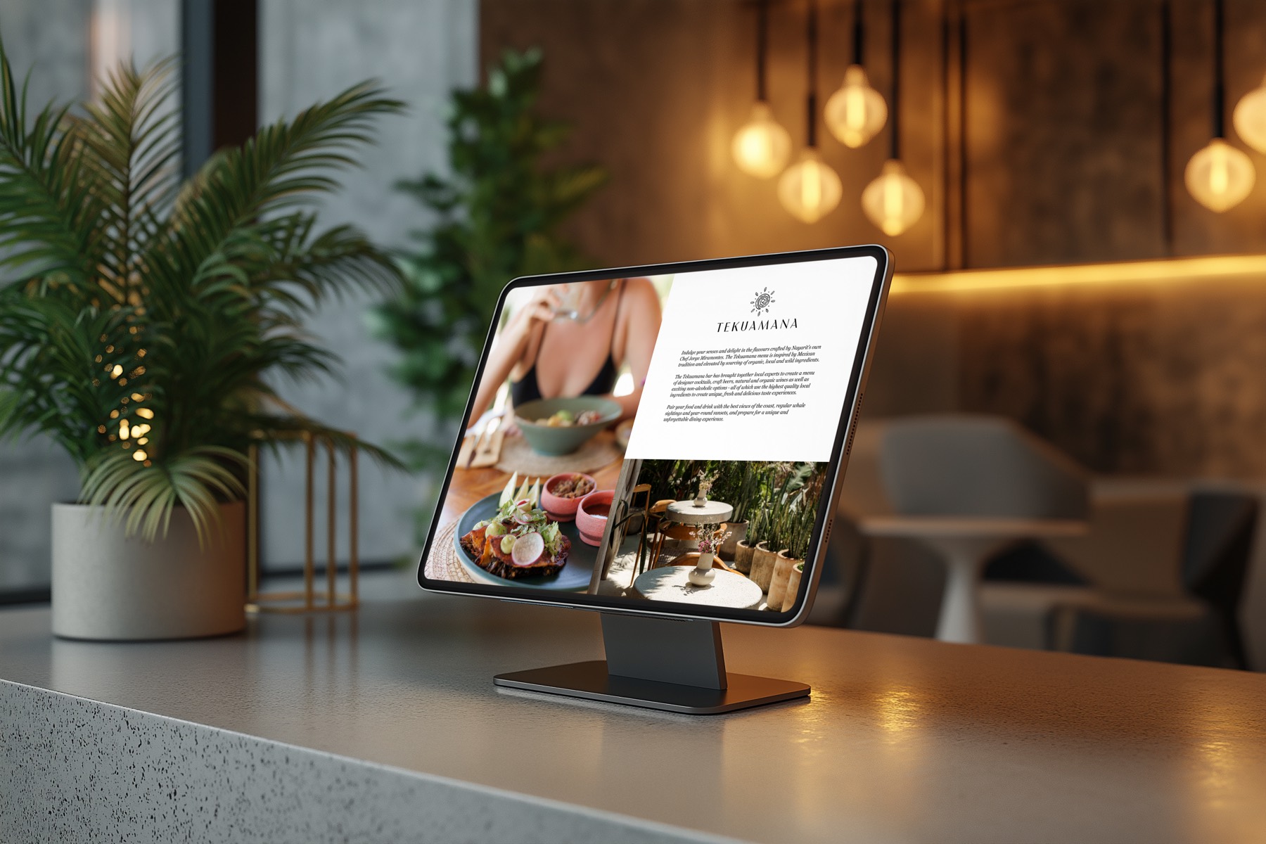 On-site display screen showing a restaurant's brand story