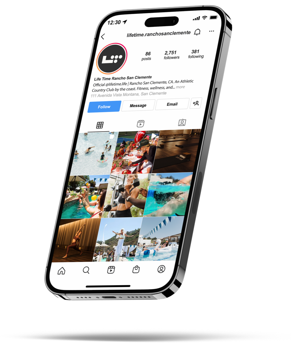 Instagram feed for Life Time Rancho San Clemente shown on a phone